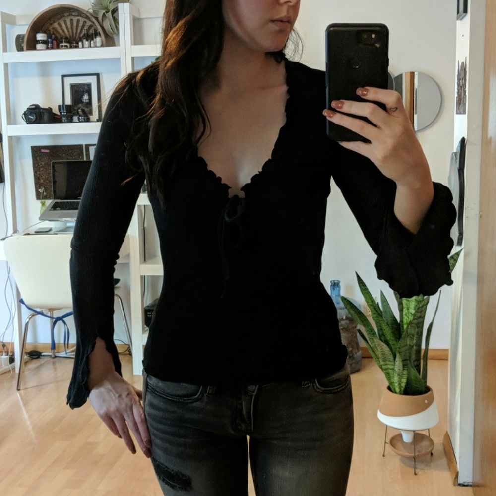 Free People Bell Sleeve Ruffle Vneck Shirt